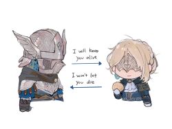 1boy 1girl armor ascot blindfold blonde_hair blue_eyes braid brooch brother_and_sister cape chibi closed_mouth crown_braid duchess_(elden_ring) earrings elden_ring elden_ring_nightreign english_text eye_mask food gloves helmet jewelry long_hair relationship_graph rimyzipel scale_armor short_hair siblings simple_background single_earring smile white_ascot white_background winged_helmet wylder_(elden_ring)