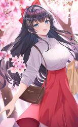 1girl absurdres bag black_hair blue_eyes blunt_ends blurry blurry_background blurry_foreground blush bow braided_sidelock breasts brown_bag brown_jacket cherry_blossoms cherry_tree commentary_request commission cowboy_shot day depth_of_field falling_petals floating_hair flower hair_bow hair_ornament hair_over_shoulder handbag heart heart_hair_ornament high-waist_skirt highres holding holding_unworn_clothes jacket large_breasts long_hair long_sidelocks long_sleeves looking_at_viewer matsumoto_yuu open_mouth outdoors petals pink_flower pixiv_commission red_bow red_skirt ribbed_sweater shirayuki_hina sidelocks skirt sleeves_rolled_up smile solo standing stellive straight_hair sweater teeth turtleneck turtleneck_sweater unworn_jacket upper_teeth_only very_long_hair virtual_youtuber white_sweater wispy_bangs