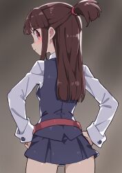 1girl blush brown_hair facing_away highres hues_sunk kagari_atsuko little_witch_academia long_hair looking_at_viewer luna_nova_school_uniform ponytail red_eyes school_uniform simple_background solo