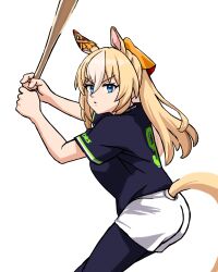 Rule 34 | 1girl, absurdres, animal ears, baseball, baseball bat, baseball uniform, batting stance, bike shorts, black shirt, blonde hair, blue eyes, closed mouth, cowboy shot, durandal (umamusume), ear covers, hair between eyes, hands up, highres, holding, holding baseball bat, horse ears, horse girl, horse tail, long hair, looking at viewer, multicolored hair, nippon professional baseball, shirt, short sleeves, shorts, simple background, single ear cover, solo, sportswear, tail, tokyo yakult swallows, tori no teriyaki, two-tone hair, umamusume, v-shaped eyebrows, white background, white hair, white shorts