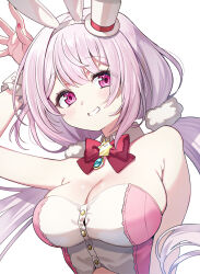 1girl animal_ear_hairband animal_ears arm_at_side arm_up armpit_crease blush bow bowtie breasts buttons cleavage detached_collar fake_animal_ears fingernails gem green_gemstone grin hair_ornament hairband hat highres large_breasts leotard looking_at_viewer low_twintails mini_hat minotaur_plate nail_polish nijisanji pink_eyes pink_hair pink_nails playboy_bunny pom_pom_(clothes) pom_pom_hair_ornament rabbit_ear_hairband rabbit_ears red_bow red_bowtie shiina_yuika shiina_yuika_(12th_costume) simple_background skindentation smile solo star_(symbol) star_in_eye strapless symbol_in_eye top_hat tube_top twintails upper_body virtual_youtuber white_background white_hairband white_hat white_tube_top white_wrist_cuffs wrist_cuffs