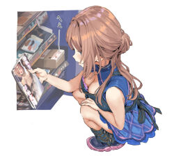 1girl bare_arms black_shoes blue_dress blush book box bra bra_peek breasts brown_hair cardboard_box censored cleavage cleavage_cutout clothing_cutout denim_apron dress employee_uniform from_above gakuen_idolmaster hamedoragon hand_on_own_knee himesaki_rinami holding holding_book idolmaster looking_at_object manga_(object) medium_breasts official_alternate_costume open_mouth pink_bra plaid_clothes plaid_dress pornography profile revision shoes sleeveless sleeveless_dress sneakers solo squatting underwear
