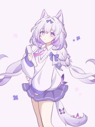 1girl alternate_costume animated animated_gif blinking book bow bowtie castorice_(honkai:_star_rail) cat_tail chinese_commentary commentary_request du_li highres holding holding_book honkai:_star_rail honkai_(series) long_hair miniskirt purple_bow purple_bowtie purple_eyes purple_hair purple_skirt simple_background skirt solo sweater tail white_background white_sweater