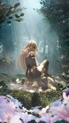 1girl 3d a2_(nier:automata) absurdres android ass blender_(medium) blue_eyes blurry blurry_foreground closed_mouth commentary english_commentary forest grass highres long_hair nature nier:automata nier_(series) on_tree_stump outdoors seven_(sixplusone) sitting solo sword weapon whale_tail_(clothing) white_hair