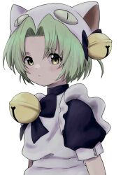 Rule 34 | 1girl, ahoge, animal hat, apron, arms at sides, bell, cat hat, closed mouth, curtained hair, dejiko, di gi charat, expressionless, green eyes, green hair, hair bell, hair ornament, hat, highres, jingle bell, looking at viewer, maka arrs26, neck bell, simple background, white apron, white background