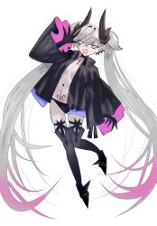 1girl beckoning black_cloak black_hands black_panties black_thighhighs body_markings breasts cloak colored_extremities crossed_bangs demon_girl demon_horns ear_piercing fate/grand_order fate_(series) green_eyes grey_hair hair_around_horn hair_between_eyes highres horns lilith_(fate) lilith_(second_ascension)_(fate) long_hair looking_at_viewer low_twintails navel no_bra nodoamepaisenn open_mouth outstretched_hand panties piercing pointy_ears simple_background smile solo spread_fingers stomach_tattoo tattoo tattoo_between_breasts thighhighs twintails underwear very_long_hair white_background