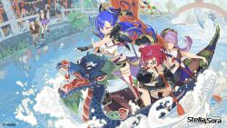 6+girls :d ^_^ absurdres ashwind_clan_(stella_sora) black_gloves black_shorts blonde_hair blue_hair blue_overalls blue_shorts blue_skirt boat breasts brown_pantyhose character_request chest_sarashi closed_eyes closed_mouth commentary commentary_request copyright_name copyright_notice crop_top cropped_shirt dragon_boat english_commentary fang fingerless_gloves full_body gloves goggles goggles_on_head green_eyes grin highres holding holding_oar long_hair looking_ahead medium_breasts micro_shorts midriff miniskirt minova_(stella_sora) mixed-language_commentary mole mole_under_mouth multi-source_commentary multicolored_hair multiple_girls navel neuvira_(stella_sora) oar official_art open_mouth outdoors overall_shorts overalls pantyhose pleated_skirt pointing purple_hair purple_skirt racing red_hair red_thighhighs river rowing sarashi shirt short_hair shorts skirt sleeveless sleeveless_shirt smile stella_sora streaked_hair striped_clothes striped_thighhighs sunglasses thighhighs two_side_up v-shaped_eyebrows vertical-striped_clothes vertical-striped_thighhighs very_long_hair vollara_(stella_sora) watercraft white_hair white_thighhighs