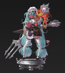 1girl absurdly_long_hair absurdres apron aqua_hair asymmetrical_gloves bad_anatomy bad_leg black_background black_bow blunt_bangs bow breasts buttons cauldron center-flap_bangs chef chef_hat chorizo colored_skin crab crop_top crop_top_overhang demon_tail double-breasted dragon_tail fang food food_trail fork fruit full_body giant_fork gloves grapes greenpie hair_intakes hand_up hat heart heart_tail highres holding holding_fork holding_trail horns knife knife_sheath lobster long_hair looking_at_viewer low-tied_long_hair mary_janes meat navel octopus oni open_mouth original oven_mitts pointy_ears purple_eyes red_skin sheath shirt shoes sidelocks simple_background smug solo standing stomach tail thighhighs twintails unconventional_weapon underboob very_long_hair white_gloves white_shirt white_thighhighs yellow_eyes