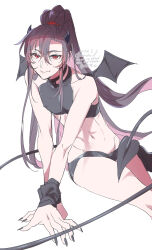 1boy abs alternate_costume armband bare_arms bare_legs bare_shoulders bikini black_bikini black_choker black_hair black_horns black_nails black_shirt black_shorts black_tail black_wings brown_hair choker closed_mouth covered_erect_nipples covered_pectorals crop_top dated demon_boy demon_horns demon_tail demon_wings fingernails groin hair_between_eyes high_ponytail highres horns kimako_(kimako_8) long_hair looking_at_viewer male_focus midriff modao_zushi nail_polish navel pectorals ponytail red_eyes sharp_fingernails shirt short_shorts shorts sidelocks simple_background sitting sleeveless sleeveless_shirt smile solo swimsuit tail toeless_legwear trap twitter_username very_long_hair watermark wei_wuxian white_background wings