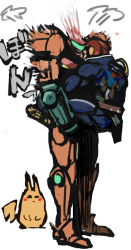 1boy 1girl bad_id bad_pixiv_id captain_falcon carrying company_connection f-zero gabu_kichi gen_1_pokemon hetero hug kiss metroid nintendo pikachu pokemon pokemon_(creature) samus_aran sketch standing super_smash_bros. surprised translation_request