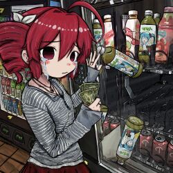 1girl ahoge banknote blush_stickers bottle bubbacterial closed_mouth collared_shirt cowboy_shot crying crying_with_eyes_open dollar_bill drill_hair hair_between_eyes hatsune_miku highres holding holding_money jewelry kasane_teto long_sleeves looking_at_viewer medium_hair money necklace red_eyes red_hair red_skirt shirt skirt solo standing streaming_tears striped_clothes striped_shirt stuck tears twin_drills utau vending_machine vocaloid