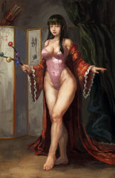 1girl amibazh bare_shoulders barefoot black_hair blunt_bangs breasts cleavage covered_navel crossed_legs curtains full_body hime_cut holding holding_stick houraisan_kaguya indoors japanese_clothes kimono large_breasts leotard long_hair looking_at_viewer mole mole_under_eye off_shoulder open_clothes open_kimono painterly pink_leotard quiver smile solo standing stick touhou underwear watson_cross wide_sleeves