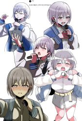 1girl bang_dream! bang_dream!_it&#039;s_mygo!!!!! blue_jacket blush brown_eyes closed_eyes collared_shirt commentary crying crying_with_eyes_open earrings grey_hair grey_skirt highres holding holding_microphone jacket jewelry korean_text microphone multiple_views music open_mouth shirt sierit simple_background singing skirt takamatsu_tomori tears translation_request white_background white_shirt