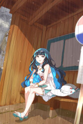 1girl absurdres bare_shoulders black_hair blue_hair bracelet breasts colored_inner_hair dress eyeliner fate/grand_order fate_(series) grey_eyes haku_(grimjin) hat highres jewelry long_hair looking_at_viewer makeup multicolored_hair necklace open_mouth rain sandals sidelocks sitting small_breasts smile solo sun_hat tenochtitlan_(fate) tenochtitlan_(swimsuit_mooncancer)_(fate) tenochtitlan_(swimsuit_mooncancer)_(second_ascension)_(fate) unworn_hat unworn_headwear white_dress white_hat
