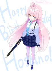 1girl antenna_hair ataru_(cha2batake) blue_archive blue_eyes blue_necktie english_text full_body gun halo hoshino_(blue_archive) long_hair necktie pink_hair pink_halo shirt shotgun simple_background socks solo twitter weapon white_background white_shirt white_socks yellow_eyes