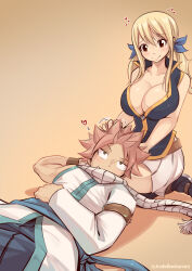 1boy 1girl alternate_costume blonde_hair blush breasts brown_eyes caressing_hair cleavage fairy_tail happy heart joshdinobarney lap_pillow large_breasts lucy_heartfilia muscular muscular_male natsu_dragneel pink_hair scarf smile thick_thighs thighs