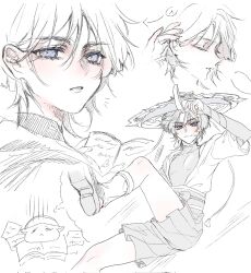 Rule 34 | 1boy, armor, artist self-insert, belt, bishounen, blunt ends, bodysuit, book, bow, bridal gauntlets, choppy bangs, closed eyes, closed mouth, covered collarbone, facing to the side, fingernails, genshin impact, hacwss, hair behind ear, hair pulled back, hakama, hakama shorts, hand up, hat, highres, japanese armor, japanese clothes, jingasa, kimono, kote, leg up, leg warmers, leggings, looking at viewer, looking back, male focus, mandarin collar, multiple views, notice lines, open book, open clothes, open kimono, paper, partially colored, pectorals, pleated shorts, purple eyes, sandals, sash, scaramouche (genshin impact), short sleeves, shorts, shoulder peek, sketch, smile, stirrup legwear, toeless legwear, toned, toned male, turning head, wanderer (genshin impact), white background, zouri