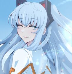 1girl ao_no_kiseki artist_name azumishard blue_hair blue_sky cat_hair_ornament closed_eyes commentary eiyuu_densetsu english_commentary floating_hair hair_between_eyes hair_ornament long_hair looking_at_viewer portrait sen_no_kiseki_(series) sen_no_kiseki_i sidelocks sky smile solo tio_plato twintails upper_body zero_no_kiseki