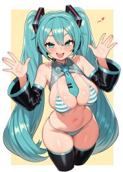 1girl absurdres alternate_breast_size aqua_eyes aqua_hair aqua_necktie bare_shoulders bikini black_thighhighs blush border breasts cleavage commentary commission detached_sleeves fingernails grey_shrug hair_between_eyes hair_intakes hair_ornament hands_up hatsune_miku highres large_breasts long_hair looking_at_viewer moursho navel necktie open_mouth outside_border shrug_(clothing) simple_background skindentation smile solo stomach striped_bikini striped_clothes swimsuit thick_thighs thighhighs thighs twintails very_long_hair vocaloid white_border yellow_background