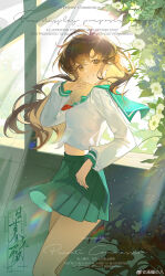 Rule 34 | 1girl, absurdres, adjusting hair, baxi kekewei, black hair, brown eyes, commission, cowboy shot, floating hair, flower, from side, green sailor collar, green skirt, grin, hand up, highres, higurashi kagome, indoors, inuyasha, light rays, long hair, long sleeves, looking at viewer, midriff, miniskirt, plant, pleated skirt, sailor collar, school uniform, serafuku, shirt, skirt, smile, solo, sunbeam, sunlight, turning head, watermark, weibo watermark, white flower, white shirt, window