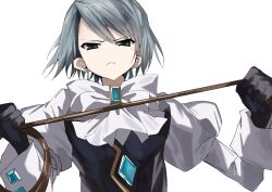 &gt;:( 1girl ace_attorney ascot black_gloves black_vest blue_gemstone brooch buttons closed_mouth diamond_button earrings franziska_von_karma frown gem gloves grey_eyes grey_hair highres holding holding_whip jewelry juliet_sleeves kasukasugom1 long_sleeves looking_at_viewer mole mole_under_eye puffy_sleeves shirt short_hair simple_background sleeve_cuffs swept_bangs tsurime upper_body v-shaped_eyebrows vest whip white_ascot white_background white_shirt