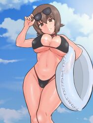 Rule 34 | 1 yj12, 1girl, bikini, black bikini, blue sky, breasts, brown eyes, brown hair, clenched teeth, day, eyewear on head, girls und panzer, holding, holding removed eyewear, holding swim ring, innertube, large breasts, looking at viewer, lowleg, lowleg bikini, nishizumi maho, short hair, sky, smile, solo, summer, sunglasses, swim ring, swimsuit, teeth, unworn eyewear