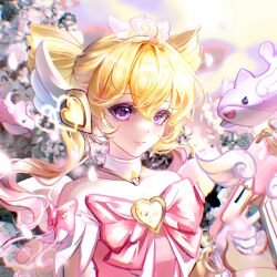 1girl absurdres bare_shoulders blonde_hair bow bowtie bracelet brooch cherry_blossoms chinese_commentary closed_mouth collar collarbone commentary_request cute_weapon detached_collar detached_sleeves drill_hair explosion eyelashes feather_sleeves gloves gold_bracelet gun hair_between_eyes hair_ornament handgun happy heart heart_brooch heart_hair_ornament heart_sticker highres holding holding_gun holding_weapon jewelry light_blush light_particles lipstick long_hair loose_hair_strand magical_girl makeup mercy_(overwatch) night official_alternate_costume outdoors overwatch pink_bow pink_bowtie pink_lips pink_mercy purple_eyes shark sleeve_bow smile solo songli_naiwei sparkle spring_(season) sticker_on_face tree twin_drills upper_body wavy_hair weapon white_collar white_gloves white_sleeves wing_hair_ornament yellow_brooch