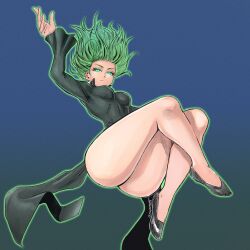 1girl ass dress floating glowing glowing_eyes green_eyes green_hair huge_ass one-punch_man slippers tatsumaki yincrescent