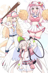 alternate_costume alternate_hairstyle animal_ear_fluff baseball_bat baseball_cap belly blonde_hair blue_archive blush bow cheerleader closed_eyes closed_mouth cropped_shirt cup feathered_wings flower fox_girl fox_tail from_side hair_bow hair_flower hair_ornament hat highres holding holding_baseball_bat holding_cup holding_hose hose kneehighs looking_at_viewer mika_(blue_archive) miniskirt nagisa_(blue_archive) navel open_mouth pants pink_bow pink_eyes pink_hair pink_hat pink_shirt pink_socks pom_pom_(cheerleading) sateto_(user_knrf2332) seia_(blue_archive) shirt short_sleeves shorts skirt sleeveless sleeveless_shirt smile socks sweatdrop tail tea_party_(blue_archive) teacup thighhighs twintails visor_cap white_flower white_pants white_shirt white_shorts white_skirt white_thighhighs wings yellow_eyes
