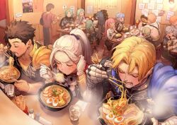 6+boys 6+girls ? adjusting_hair aiguillette alternate_hairstyle armor ashe_ubert black_dress black_pants black_shirt black_skirt blonde_hair blowing_on_food blue_capelet blue_hair blush bowl_stack braid broken_chopsticks brown_hair female_byleth_(fire_emblem) capelet chair chopsticks claude_von_riegan closed_eyes closed_mouth coat coat_on_shoulders commentary counter crown_braid cup dark-skinned_male dark_skin dimitri_alexandre_blaiddyd double-parted_bangs dress earrings eating edelgard_von_hresvelg egg_(food) english_commentary fire_emblem fire_emblem:_three_houses flayn_(fire_emblem) food garreg_mach_monastery_uniform gauntlets gloves green_hair grey_hair hand_to_own_mouth head_rest hilda_valentine_goneril holding holding_chopsticks hot ignatz_victor jewelry leonie_pinelli light_blue_hair long_hair long_sleeves marianne_von_edmund moyashi_mou2 multiple_boys multiple_girls nervous_sweating nintendo noodles open_mouth orange_hair pants parted_bangs pink_hair ponytail puckered_lips ramen raphael_kirsten red_capelet restaurant rhea_(fire_emblem) salt_shaker seteth_(fire_emblem) shirt short_hair sitting skirt smile sparkling_eyes spiked_hair spoken_question_mark steam suspenders sweat table twintails upper_body white_gloves white_hair white_shirt wooden_floor yellow_capelet