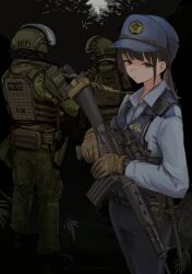 1girl 2others absurdres assault_rifle blue_hat blue_shirt body_armor bulletproof_vest camouflage camouflage_jacket camouflage_pants collared_shirt combat_helmet flashlight gloves gun gun_sling hat helmet highres holding jacket laser_sight lithographica load_bearing_vest low_ponytail military_combat_uniform military_uniform multiple_others night original pants police ponytail rifle scope shirt soldier walkie-talkie weapon weapon_request
