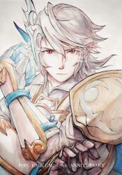 1boy armor armored_gloves cape closed_mouth english_text fire_emblem fire_emblem_fates fire_emblem_heroes gloves hair_between_eyes highres looking_at_viewer male_corrin_(fire_emblem) male_corrin_(hoshido_noble)_(fire_emblem) male_focus nintendo official_alternate_costume pointy_ears portrait red_eyes serious simple_background solo tohka_sd white_armor white_background white_gloves white_hair