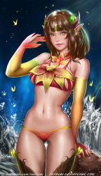 1girl bad_id bad_pixiv_id bra breasts brown_hair choker closed_mouth detached_sleeves dryad earrings female_focus green_eyes horns jewelry lips looking_at_viewer medium_breasts medium_hair nefrubi original panties patreon_username pointy_ears solo standing thighhighs underwear watermark web_address