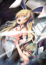 Rule 34 | 2girls, absurdres, animal ears, backlighting, blonde hair, blue eyes, blush, bow, breasts, censored, clothes lift, clothes pull, day, elf, gc3, goblin slayer!, green eyes, green hair, hair between eyes, hair bow, hair spread out, high elf archer (goblin slayer!), highres, kiss, leotard, light censor, long hair, lying, multiple girls, navel, nude, open mouth, panties, playboy bunny, pointy ears, priestess (goblin slayer!), rabbit ears, shirt, shirt lift, small breasts, underwear, very long hair, window