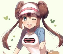 Rule 34 | 1girl, blue eyes, blue shirt, breasts, brown hair, donut, double bun, food, hair bun, hat, heart, long hair, multicolored shirt, nasakixoc, nintendo, one eye closed, poke ball print, pokemon, pokemon bw2, print shirt, rosa (pokemon), shirt, solo, upper body, visor cap, white hat, white shirt