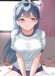 1girl ahoge black_hair blue_buruma blush breasts brown_eyes buruma curtains dangan_kurabu day gym_shirt gym_uniform hairband highres indoors kantai_collection large_breasts long_hair on_bed shirt solo twitter_username ushio_(kancolle) white_hairband window