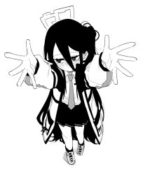 1girl arms_up asahina_yoshitoshi averting_eyes blue_archive blush collared_shirt from_above full_body greyscale hair_between_eyes halo jacket kei_(blue_archive) long_hair long_sleeves monochrome necktie open_clothes open_jacket pleated_skirt shirt shoes simple_background skirt sneakers solo standing very_long_hair white_background