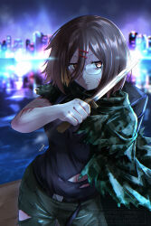Rule 34 | 1girl, absurdres, belt, black belt, breasts, brown eyes, brown hair, camouflage cape, commentary request, covered navel, green pants, hair ornament, hairclip, highres, holding, holding knife, injury, knife, koga konoha, medium breasts, mutsuki (mutsuki0110), night, ninja to koroshiya no futarigurashi, pants, scratches, short hair, solo, torn clothes