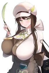 1girl absurdres apron arm_behind_back black_survival blue_eyes book bow bow_apron breasts brown_apron brown_hair collared_shirt copyright_name eternal_return:_black_survival frilled_apron frills from_side green_eyes green_ribbon gweon_sua hair_between_eyes hand_up hat highres holding holding_quill huge_breasts long_sleeves looking_at_viewer name_tag neck_ribbon notepad quill ribbon schoppi_0731 shirt shirt_bow simple_background smile solo standing striped_clothes upper_body vertical-striped_clothes white_background white_hat white_shirt