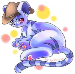 Rule 34 | :3, animal, blue eyes, blue fur, brown hat, choko (sweetpocket), clothed animal, commentary request, creature, creature focus, full body, glasses, hat, heterochromia, kougra, neopet (creature), neopets, no humans, pawpads, polka dot, polka dot background, red eyes, round eyewear, signature, sitting, solo, tiger