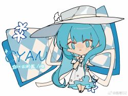 Rule 34 | 1girl, artist name, bare shoulders, blue eyes, blue hair, blue theme, character name, chibi, chinese commentary, collar, commentary request, cross-laced collar, detached collar, dress, eyelashes, flower, frilled dress, frills, gloves, grey gloves, hand on own chest, high collar, highres, light blush, long dress, long hair, off-shoulder dress, off shoulder, original, ouge dz, ribbon, shoes, short sleeves, sidelocks, simple background, single glove, solo, standing, very long hair, watermark, weibo watermark, white background, white collar, white dress, white flower, white ribbon, white shoes