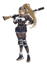 1girl absurdres belt_pouch black-framed_eyewear black_gloves black_pantyhose black_shoes blonde_hair blue_shorts fingerless_gloves full_body glasses gloves goggles goggles_on_head grin gun hand_on_own_hip headphones high_ponytail highres holding holding_gun holding_weapon holster knee_pads long_hair looking_at_viewer magazine_(weapon) mole mole_under_eye orange_eyes original over_shoulder pantyhose pantyhose_under_shorts ponytail pouch ramuri rifle shirt shoes shorts shoulder_holster shrug_(clothing) simple_background smile sneakers socks solo standing weapon weapon_over_shoulder weapon_request white_background white_shirt white_socks