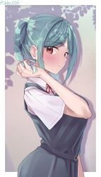 Rule 34 | 1girl, absurdres, black dress, blue hair, blush, border, braid, breasts, commentary request, dappled sunlight, dress, hand up, highres, large breasts, looking at viewer, love live!, love live! superstar!!, neck ribbon, onitsuka tomari, outside border, pinafore dress, red eyes, red ribbon, ribbon, rikka006, school uniform, shirt, short sleeves, sleeveless, sleeveless dress, solo, sunlight, twin braids, white border, white shirt, yuigaoka school uniform