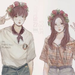 1boy 1girl astro_(k-pop_group) blunt_bangs brown_hair cowboy_shot earrings farawayscape flower_wreath gfriend glasses highres jewelry long_hair looking_to_the_side neckerchief real_life sanha_(astro) shirt short_hair short_sleeves t-shirt umji_(gfriend) v