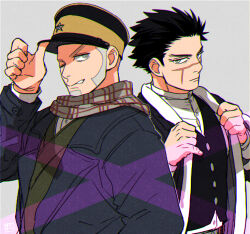 2boys adjusting_clothes adjusting_headwear black_hair black_hat chromatic_aberration clenched_teeth closed_mouth cosplay costume_switch crew_cut fingernails golden_kamuy grey_background hat kzouzou long_sideburns long_sleeves male_focus multiple_boys scar scar_on_face scarf shiraishi_yoshitake sideburns simple_background sugimoto_saichi teeth