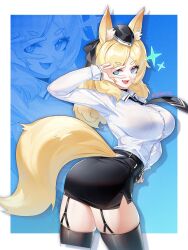 1girl animal_ear_fluff animal_ears arknights artist_name artist_request black_choker black_thighhighs blonde_hair blue_eyes breasts choker female_focus garrison_cap garter_straps hair_ribbon hat horse_ears horse_girl horse_tail large_breasts long_hair necktie office_lady open_mouth pencil_skirt ribbon skindentation skirt smile tail thick_eyebrows thick_thighs thighhighs thighs v whislash_(arknights) zettai_ryouiki