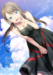1girl :d bent_over black_dress blue_eyes blue_sky breasts brown_hair cleavage cloud dated day dress female_focus floating_hair from_below hair_between_eyes happy_birthday ikuhashi_muiko long_dress long_hair looking_at_viewer medium_breasts open_mouth robotics;notes sky sleeveless sleeveless_dress smile solo sundress tennouji_nae twintails