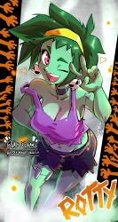 Rule 34 | 1girl, absurdres, artist name, bare shoulders, black choker, breasts, character name, choker, cleavage, colored skin, commentary, earrings, english commentary, green hair, green skin, hairband, haysey, heart, highres, jewelry, medium breasts, navel, one eye closed, open mouth, purple shirt, rottytops, shantae (series), shirt, short hair, shorts, skull earrings, smile, solo, teeth, twitter username, upper teeth only, v, yellow hairband, zombie