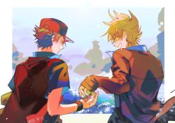 Rule 34 | 2boys, arm up, armband, av (abusive), baseball cap, black armband, black pants, blue oak, border, brown eyes, brown hair, closed mouth, collared shirt, from behind, hat, holding, jacket, long sleeves, male focus, multiple boys, nintendo, open mouth, pants, poke ball, poke ball (basic), pokemon, pokemon frlg, red (pokemon), red hat, red jacket, shirt, short sleeves, sleeves past wrists, smile, upper body, white border
