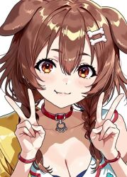 1girl animal_collar animal_ears blush bone_hair_ornament braid breasts brown_eyes brown_hair cartoon_bone cleavage close-up collar dog_ears dog_girl double-parted_bangs double_v fang fgk_miyabi hair_between_eyes hair_ornament highres hololive hololive_gamers inugami_korone inugami_korone_(1st_costume) jacket long_hair looking_at_viewer low_twin_braids paw_ornament red_collar simple_background smile solo twin_braids v virtual_youtuber white_background wristband yellow_jacket
